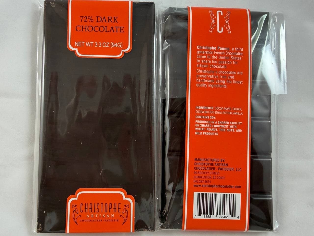 72% Dark Chocolate Bar from Christophe, Charleston SC