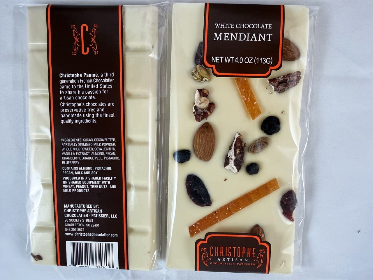 White Mendiant Chocolate Bar from Christophe, Charleston SC