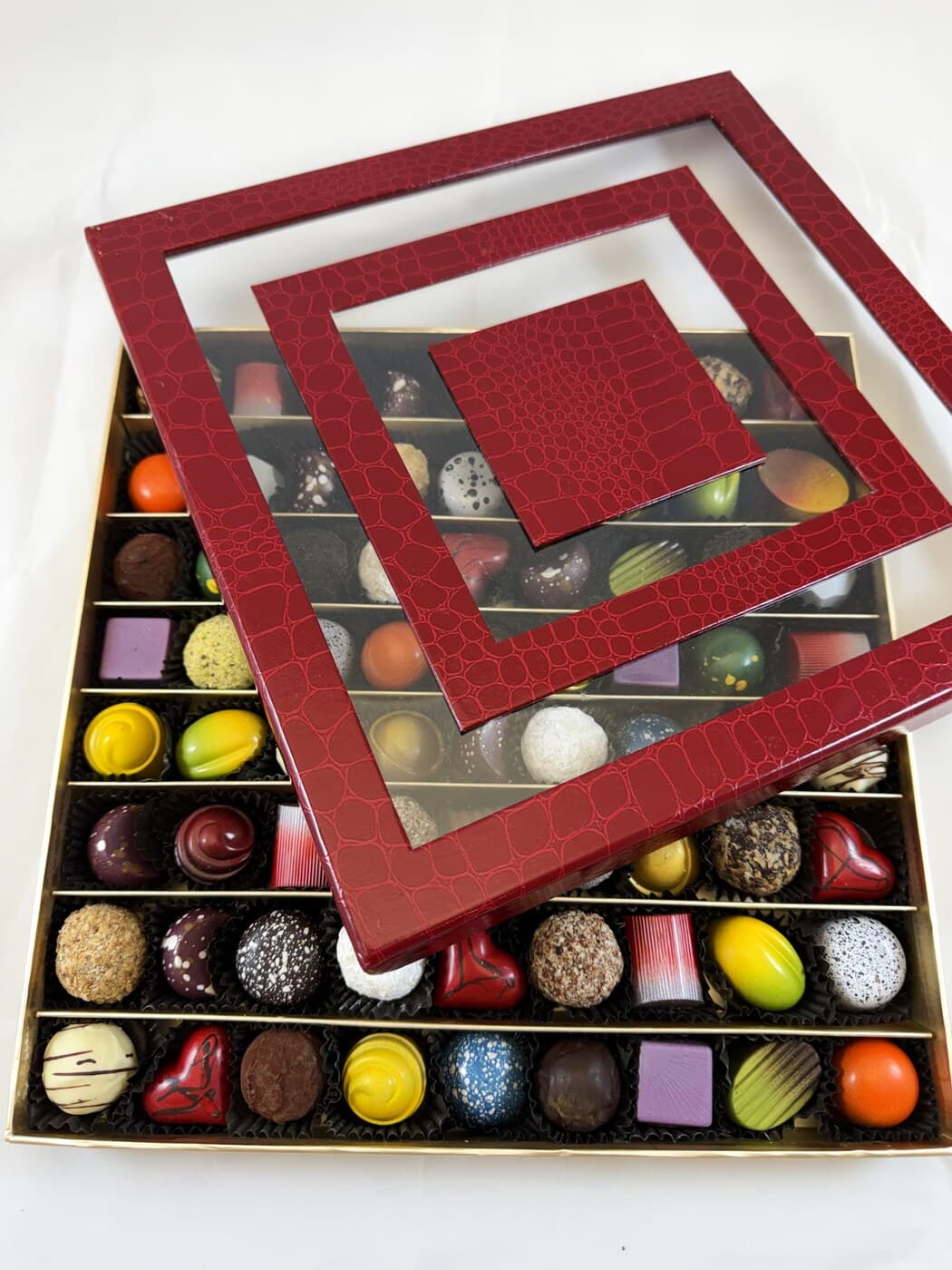 72 Piece Chocolate Box boxed and ribboned, ready to give